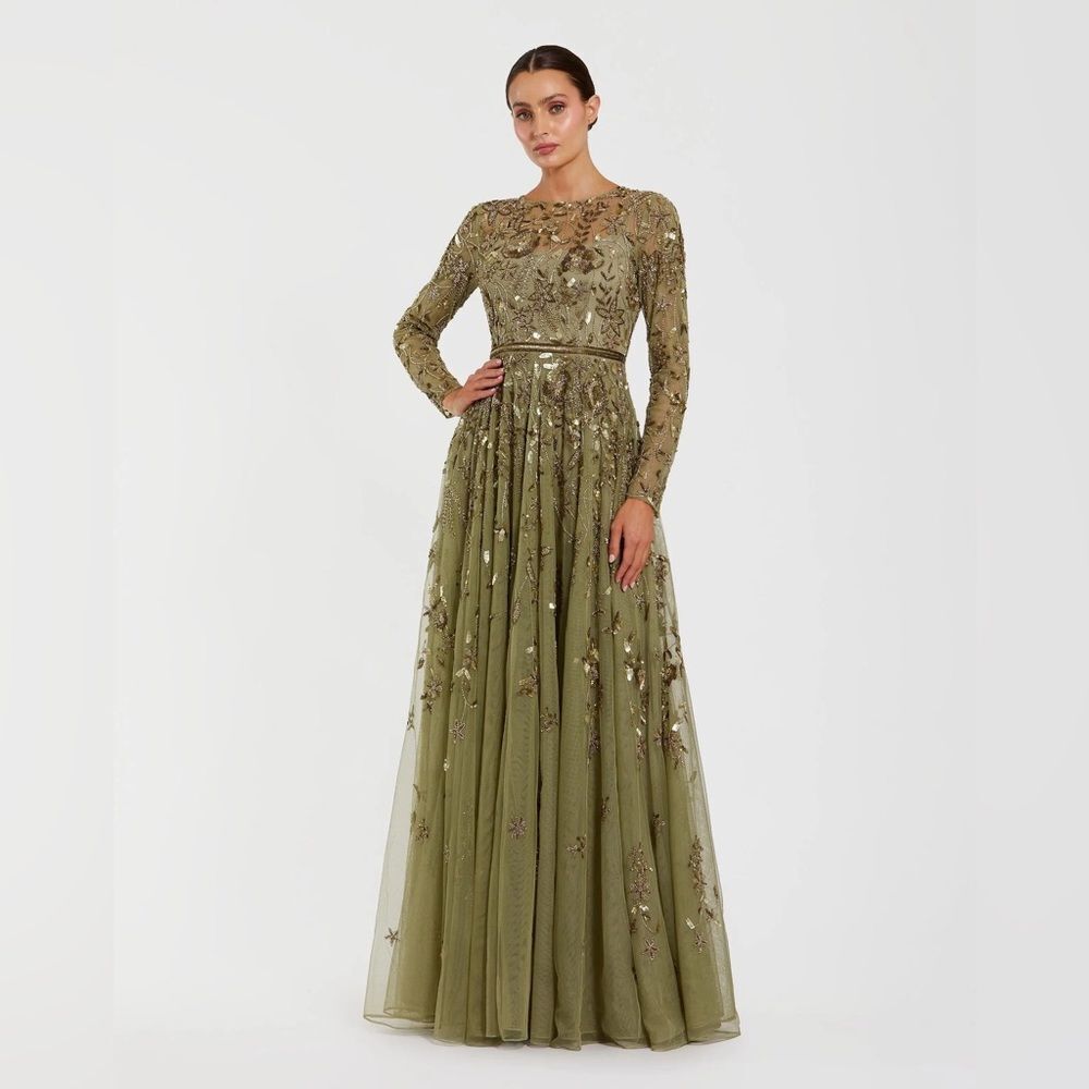 Mac Duggal 6182 Green Long Sleeve Hand Embellished Floral A-Line Gown 14